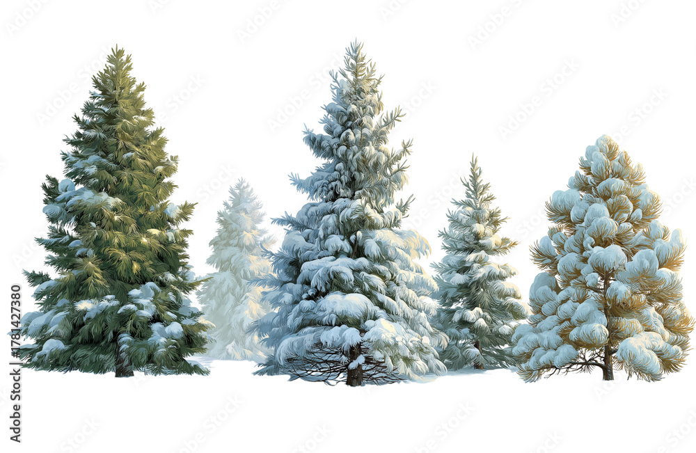 Obraz premium Several snowcovered evergreen trees stand in a winter landscape, isolated on transparent background