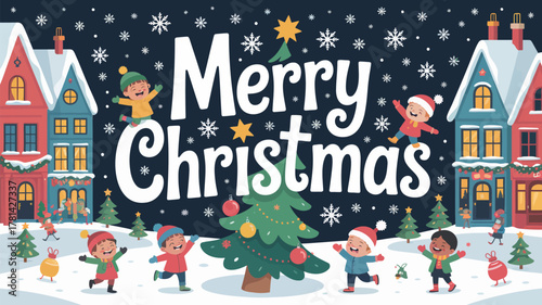 Happy children celebrating a snowy merry christmas in a charming village with decorated houses and trees
