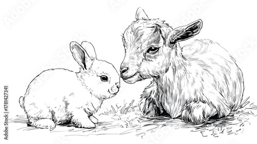 Adorable Rabbit and Baby Goat in Black and White Vector Drawing