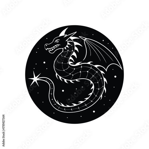 Dragon Silhouette Mythical Creature in Circular Starry Night, Fantasy Art
