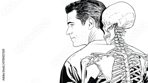 Black and White Drawing of Man with Skeleton on His Back