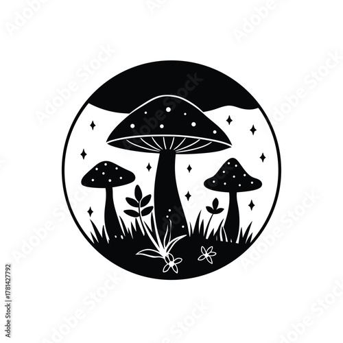 Whimsical Mushroom Circle Detailed Forest Scene with Fungi, Grass, and Stars in Black and White