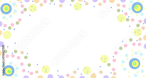 Decorative Border of Colorful Circles and Dots with Smiley Faces in Blue, Yellow, Pink, Green, Orange, and Purple for a Playful, Festive, and Minimalist Design