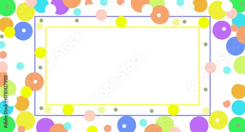 Rectangular Frame with Double Yellow and Purple Border and Dense Donut-Like Circles in Pink, Blue, Green, Orange, and Purple for a Playful, Festive, and Minimalist Decorative Design