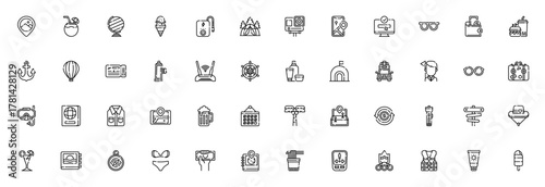 Travel icon set. Vector illustration. Minimalist trael symbols collection. Incudes landscape, globe, ten, passport, luggage, map, ompass, camera, sunglassesand more. Editable stroke.
