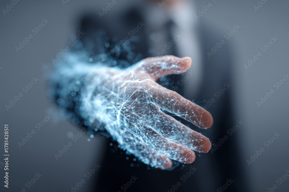 Obraz premium Close-up of a digitally rendered handshake representing innovation, trust, and collaboration in modern business and technology.
