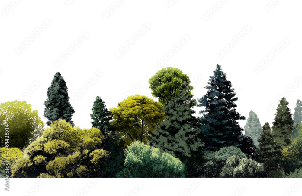 Fototapeta premium A dense forest of various green trees and bushes isolated on transparent background
