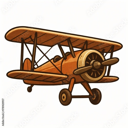 Vintage Wooden Biplane Cartoon Isolated on White Background