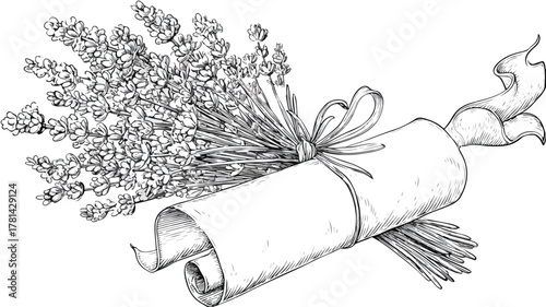 Elegant Lavender Flowers Bundle with Decorative Scroll Vector Illustration