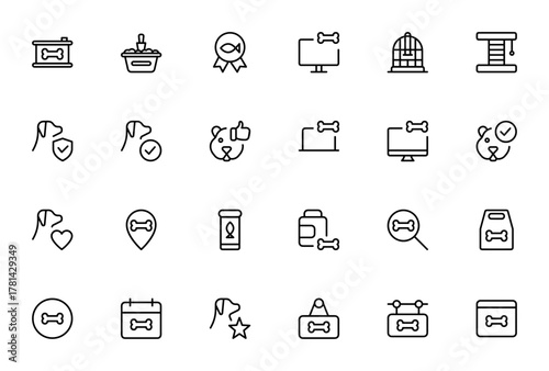 Pet Shop icon set. Vector illustration. Includes symols for dog, cat, fish, cae, toy, food, bone, medicie and more. Editable strok.