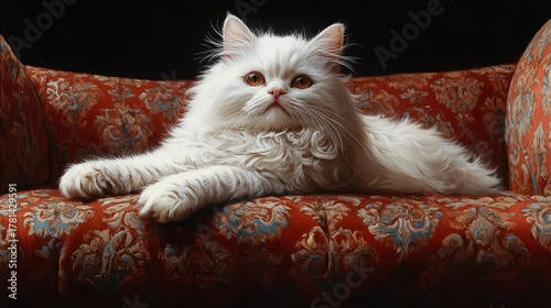 Majestic White Persian Cat Lounging on Ornate Red and Blue Patterned Velvet Sofa with Dramatic Lighting Against a Dark Backdrop