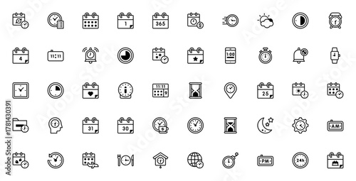 Time and Date icon set. Vector illustration. Include symbols for calendar, clok, schedule, hourglass, stpwatch, birthday, seasons,notification, time managemnt and more.