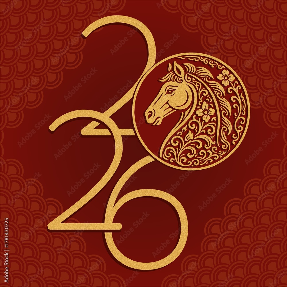 Fototapeta premium Luxury Chinese New Year 2026 Horse Symbol with Ornamental Golden Line Art on Red Background Elegant Asian Lunar Calendar Design