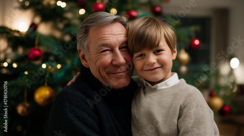 Grandfather hugging his young grandson beside a beautifully decorated Christmas tree, both smiling warmly in a cozy holiday home setting. The scene radiates love, tenderness, and t