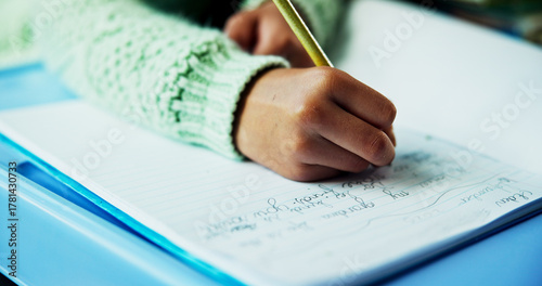 Fotografie Learning, hands and child writing in classroom for fine motor skills, language activity or assessment