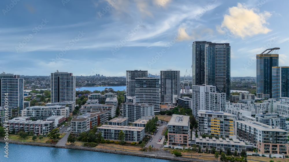 Naklejka premium Wentworth Point a suburb in western Sydney newly built residential high rise apartments area on Parramatta River Sydney NSW Australia