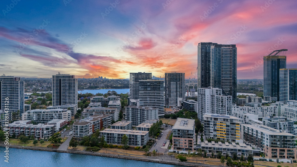 Fototapeta premium Wentworth Point a suburb in western Sydney newly built residential high rise apartments area on Parramatta River Sydney NSW Australia