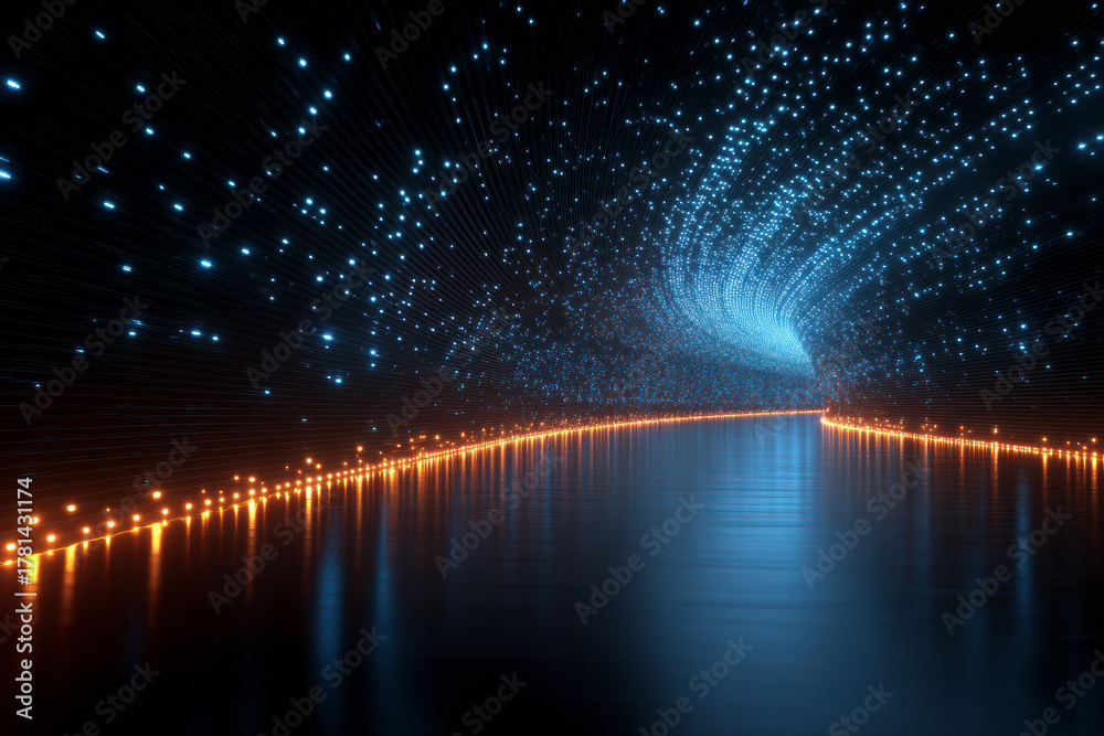Fototapeta premium A glowing tunnel of blue and orange light particles, symbolizing artificial intelligence, data transfer, and futuristic digital communication networks.