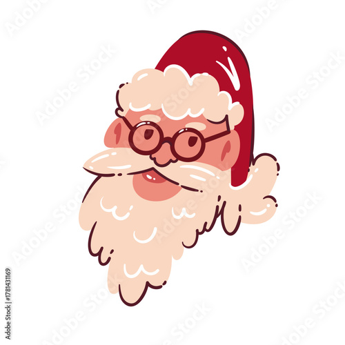 Cheerful Santa Claus face with glasses, white beard, and red hat in cozy flat cartoon vector style. Perfect Christmas illustration for holiday cards, winter decorations, and festive design projects.