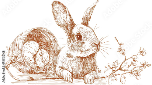 Cute Bunny Holding Basket with Easter Eggs Vector Illustration