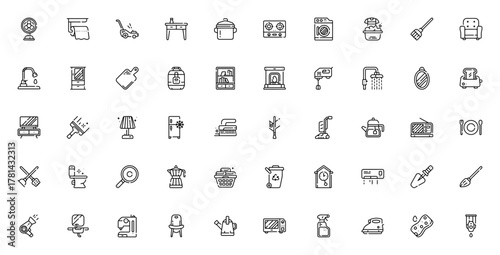 Homeware icon set. Minimal vector icons pack. Featurng fan, toilet paper, washng machine, chair, fridge,broom, teapot and more houehold items. Editable stroe.