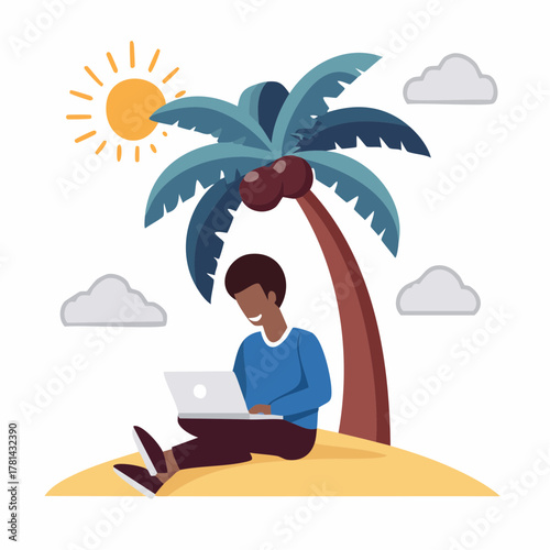 Man working remotely on a tropical island