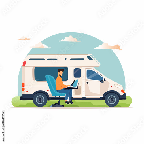 Man working on a laptop while sitting in a camper van