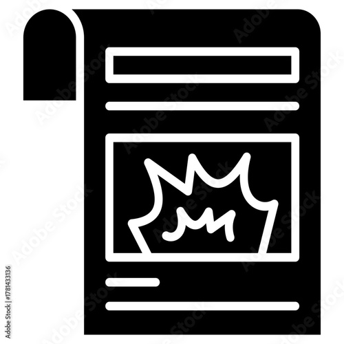 An icon depicting a paper with text and an image of an explosion, signifying breaking news or a security report.