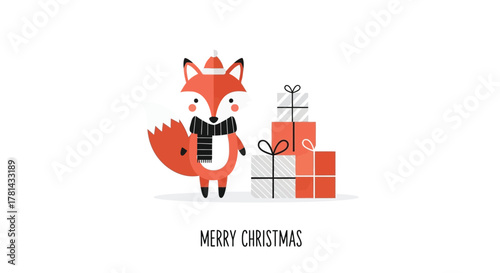 Cute cartoon fox wearing a scarf and hat with a stack of christmas presents and merry christmas text