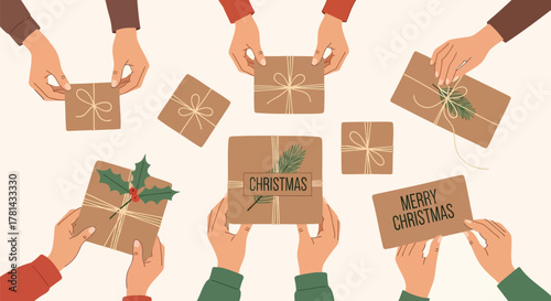 Diverse hands holding and sharing beautifully wrapped christmas presents with festive decorations and greetings
