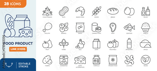 Minimalist Food Product outine icons set with editable stroke. featuring icons of various food product classification. thin linear illustration.	Vector illustration