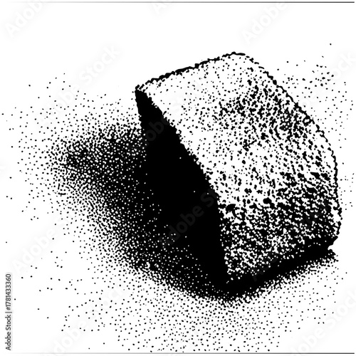 Cake slice disintegrates into particles in a studio setting