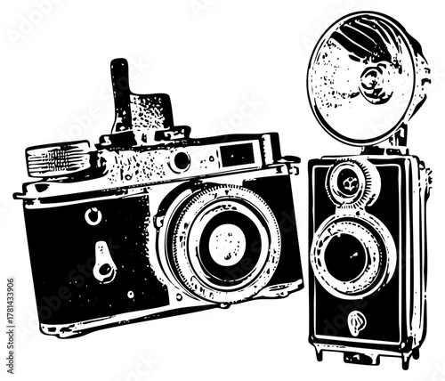 Vintage cameras display equipment for retro aesthetics
