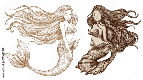 Enchanting Mermaid with Long Hair and Another Mermaid in the Mist