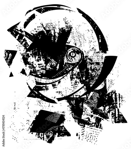 Astronaut explores space with abstract shapes