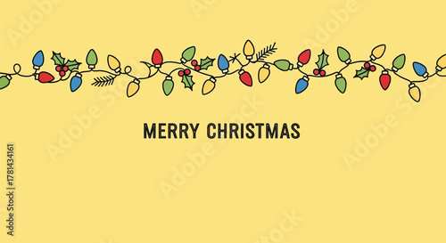 Festive string of colorful christmas lights and holly branches with merry christmas text on yellow background
