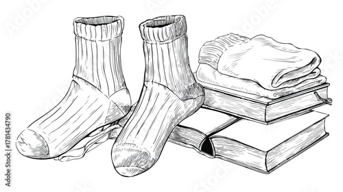 Creative Vector Drawing of Socks and a Book with Outline Isolated on White Background
