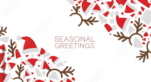 Festive seasonal greetings with scattered santa hats and reindeer antlers on white background