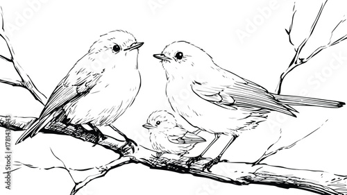 Beautiful illustration of two birds on a tree branch with a baby bird