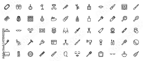 Beauty Salon icon set. Vector illustration pack. Incudes symbols for makeup, hir care, skincare, manicur, cosmetics, spa tools andmore. Editable stroke.
