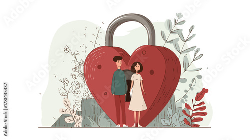 Love Lock Heart and Couple Silhouette Standing Together in Front