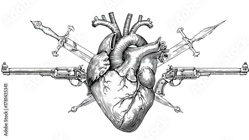 Heart with Sword and Gun Symbol Vector Outline Illustration