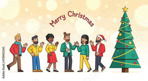 Diverse group of people waving and celebrating merry christmas next to a decorated evergreen tree