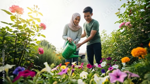 A smiling couple, in a sunny garden, watering vibrant flowers with a green watering can