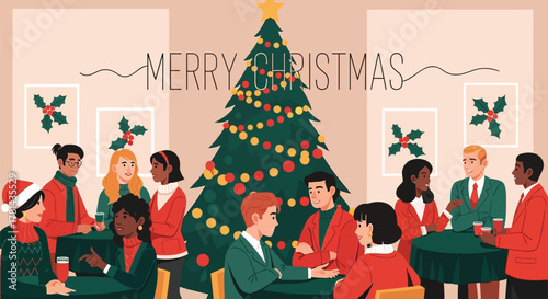 Diverse group of friends and colleagues celebrating christmas together around a decorated tree