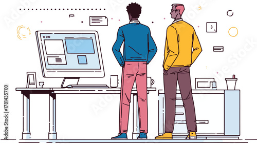 Professional Business Meeting with Man Standing at Computer Desk, Collaboration Concept