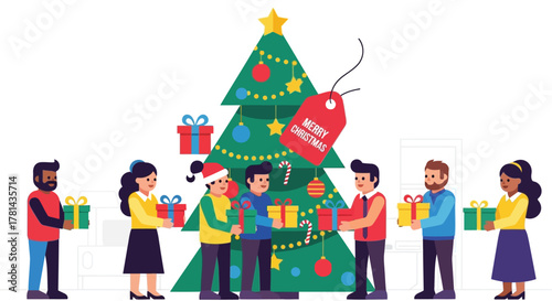 Diverse group of people exchanging gifts around a decorated christmas tree with a merry christmas tag