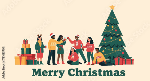Diverse group of friends celebrating christmas together with festive sweaters and drinks near a decorated tree and presents