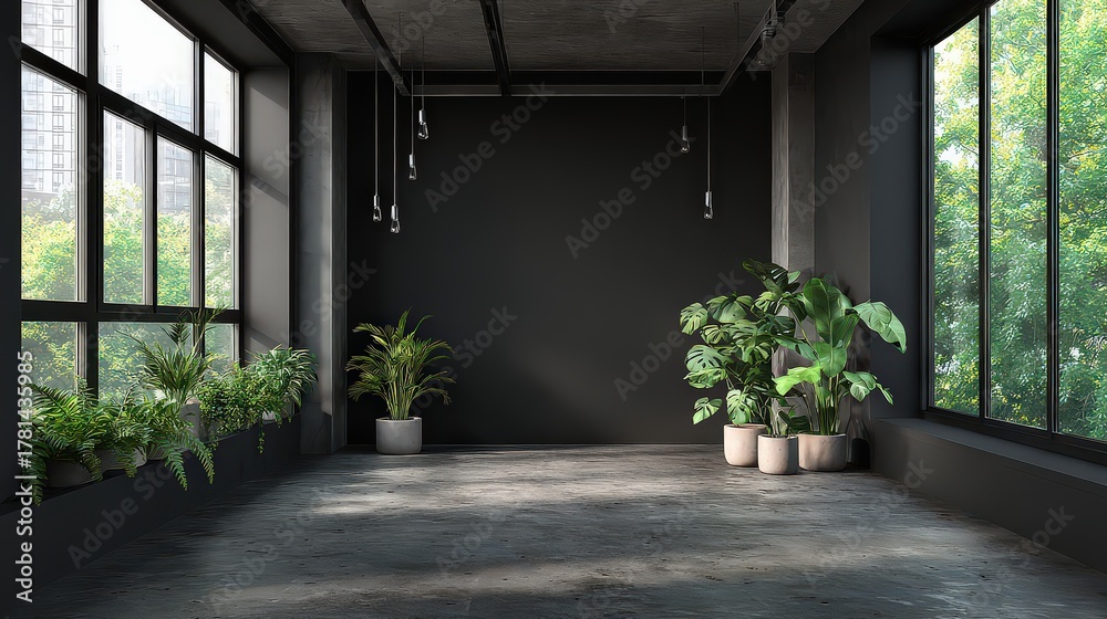 Fototapeta premium Empty Modern Interior Room With Plants and Large Windows Featuring Greenery and Concrete Textures