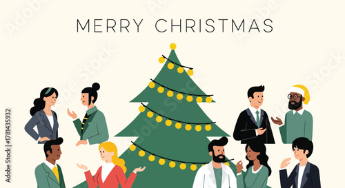 Diverse group of business professionals celebrating christmas together around a decorated tree with festive lights and text